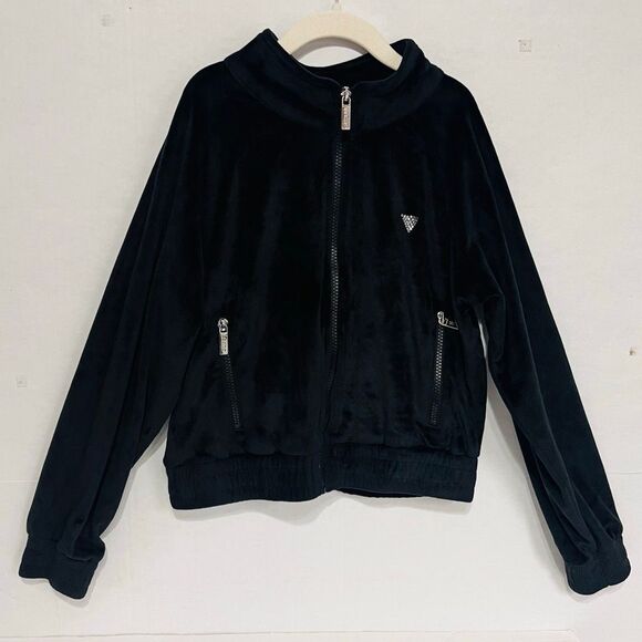 Guess Black Velour Zip Up Sweatshirt   Girls Size 10 - Picture 1 of 4